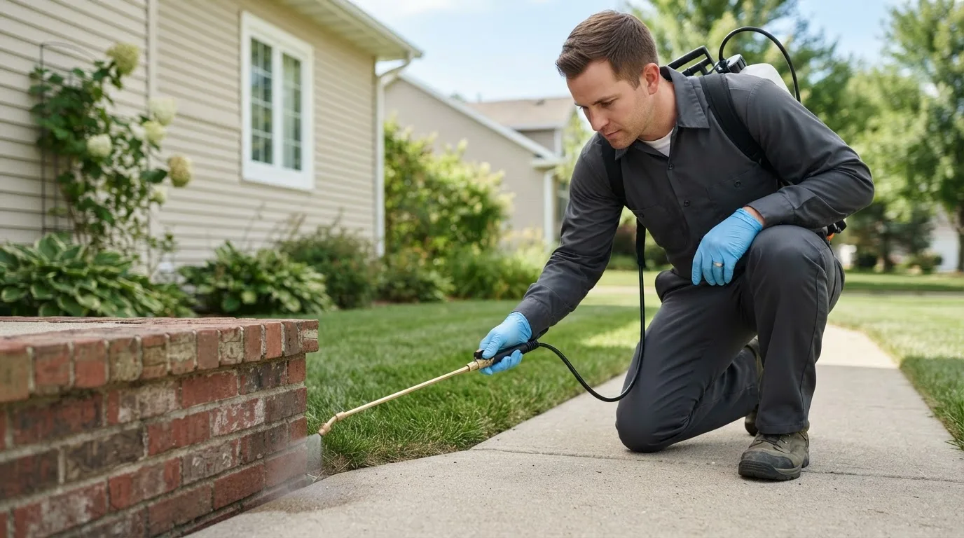 Pest control technician treating a home near Carver, MN